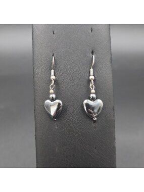 Natural Hematite Heart Gunmetal Gray Dangle Earrings A7539